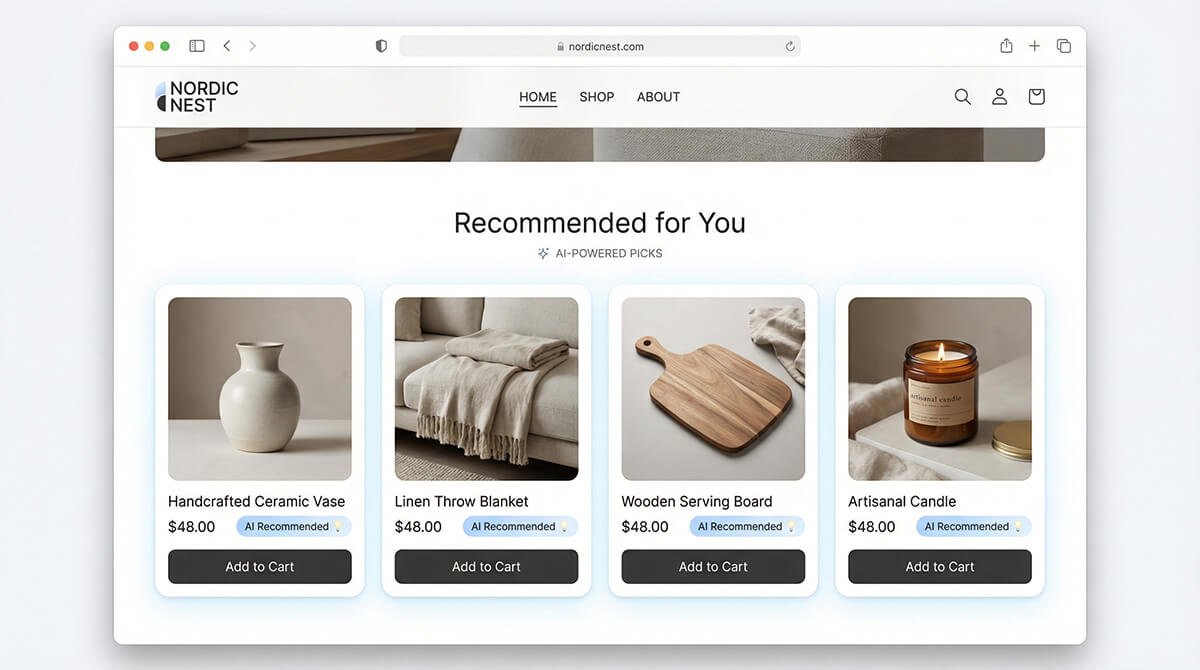 AI for Shopify stores showing personalized product recommendations and smart storefront layout